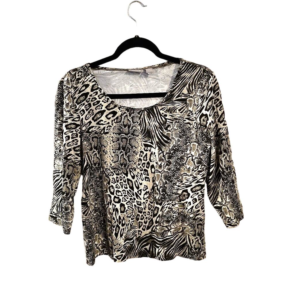 Chico's Tan Mixed Animal Print Scoop Neck 3/4‎ Sleeve Casual Top Womans Size MD